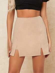 SHEIN BAE M型高腰迷你半身裙 - 卡其色 - 查看 4