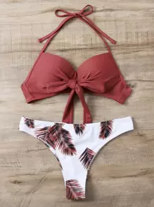 SHEIN Swim 棕櫚葉印花比基尼套裝前打結聚攏內衣和泳衣下裝2入組泳衣 - 彩色 - 查看 1