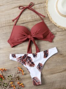 SHEIN Swim 棕櫚葉印花比基尼套裝前打結聚攏內衣和泳衣下裝2入組泳衣 - 彩色 - 查看 3