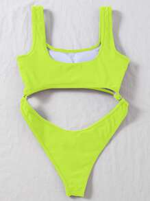 Neon Lime Cut-out One Piece Swimsuit - Lime Green - View 2