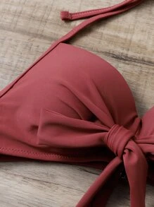 SHEIN Swim 棕櫚葉印花比基尼套裝前打結聚攏內衣和泳衣下裝2入組泳衣 - 彩色 - 查看 4