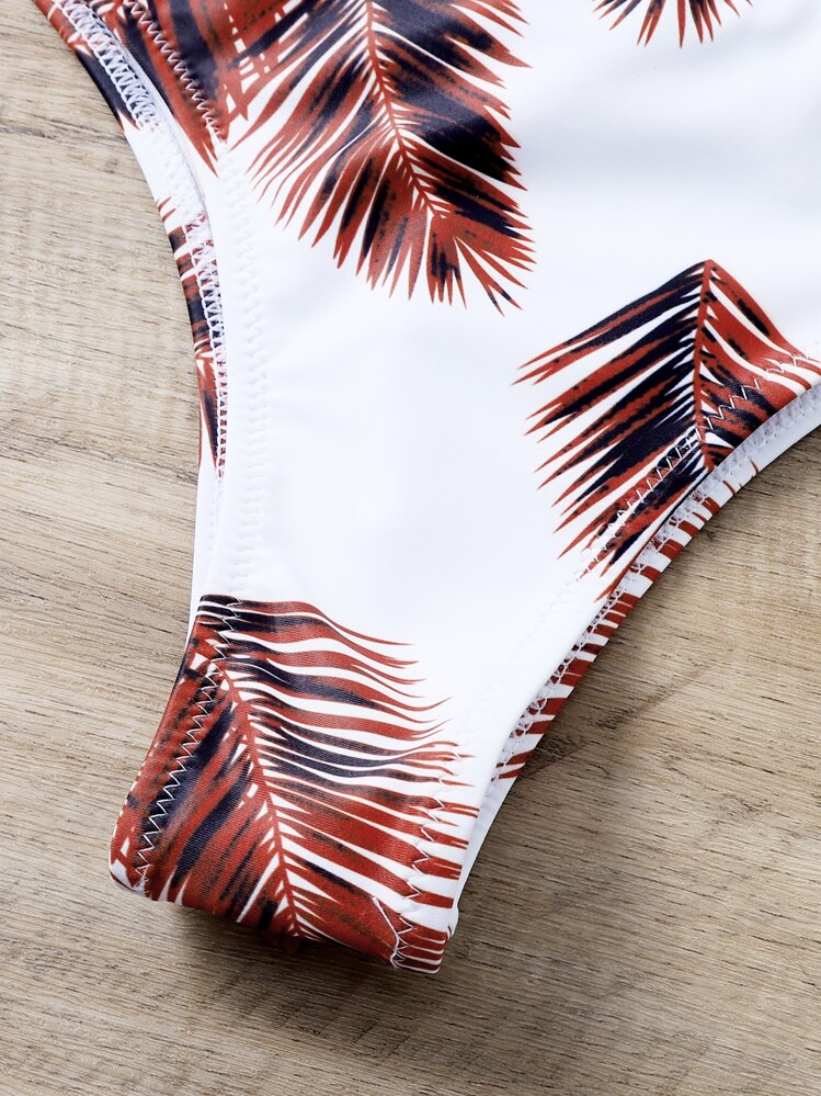 SHEIN Swim 棕櫚葉印花比基尼套裝前打結聚攏內衣和泳衣下裝2入組泳衣 - 彩色 - 查看 5