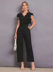 Mulvari Contrast Lace Scallop Trim Jumpsuit - Black - View 1
