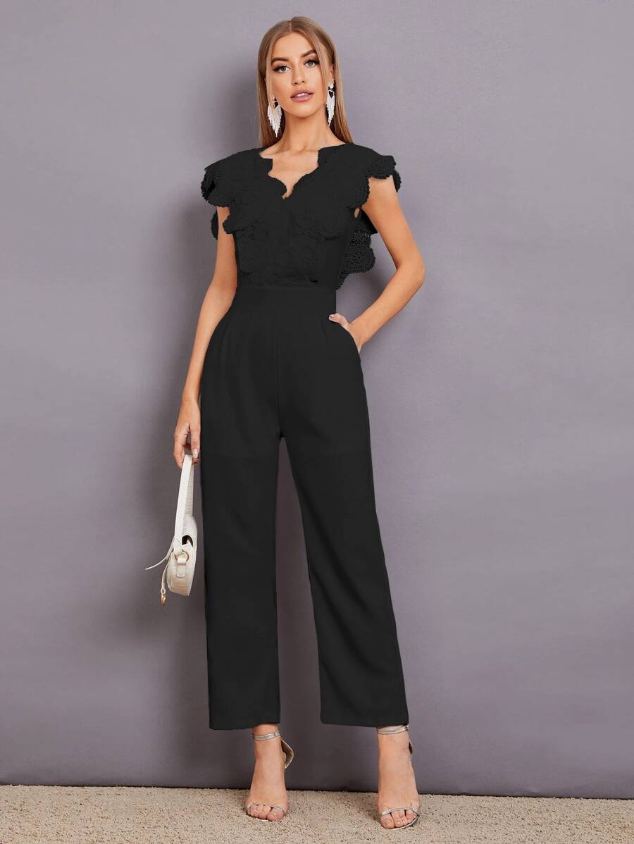 Mulvari Contrast Lace Scallop Trim Jumpsuit - Black - View 1