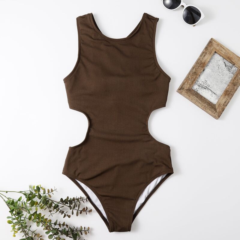 

Rib Cut-out Cross Back One Piece Swimsuit, Coffee brown