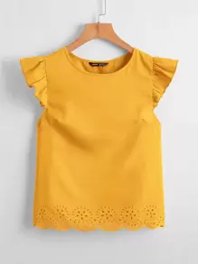 SHEIN Clasi 荷葉邊鐳射剪裁上衣 - 芥末黃 - 查看 1