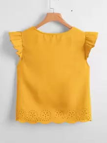 SHEIN Clasi 荷葉邊鐳射剪裁上衣 - 芥末黃 - 查看 2