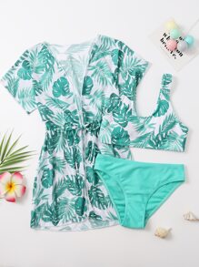 Tween Girl 3packs Tropical Print Bikini Set & Kimono Summer Beach - Multicolor - View 1