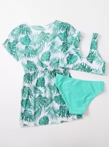 Tween Girl 3packs Tropical Print Bikini Set & Kimono Summer Beach - Multicolor - View 2