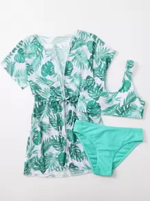 Tween Girl 3packs Tropical Print Bikini Set & Kimono Summer Beach - Multicolor - View 3