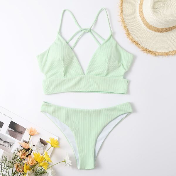 

Plain Rib Bikini Swimsuit, Mint green