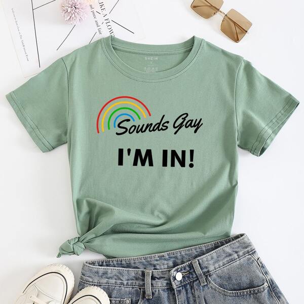 

Slogan Graphic Short Sleeve Tee, Mint green