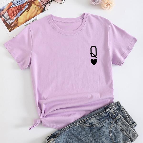 

Letter & Heart Print Tee, Lilac purple