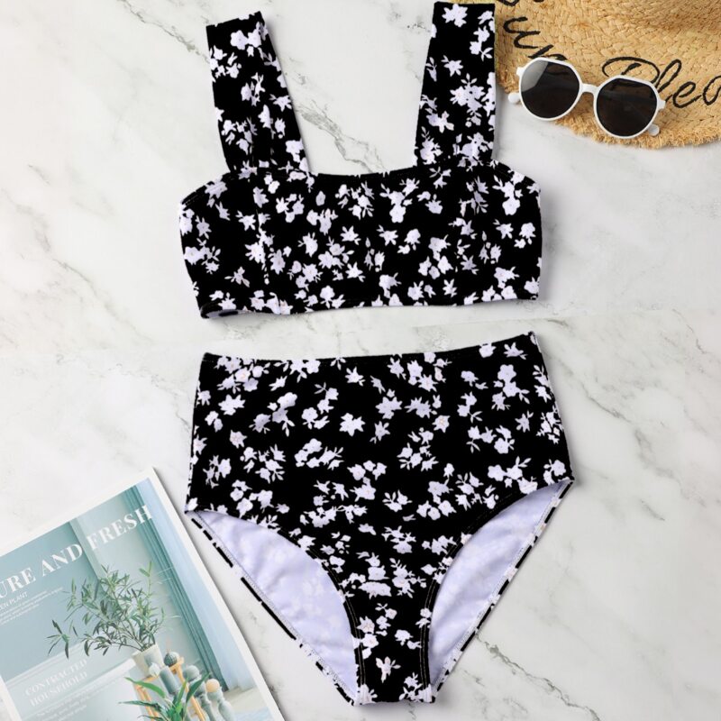 

Floral Print High Waisted Bikini Swimsuit, Black