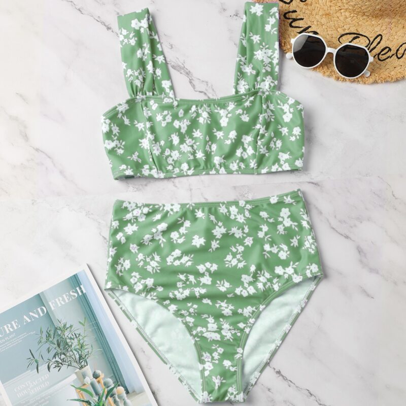 

Floral Print High Waisted Bikini Swimsuit, Green