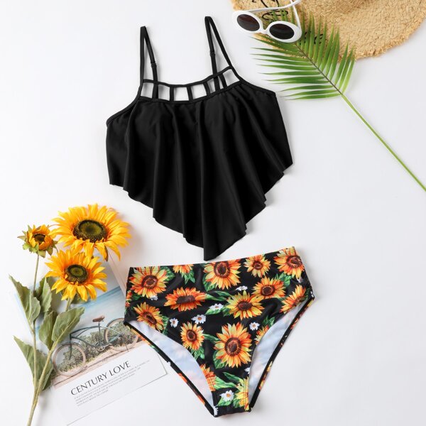 

Sunflower Print Hanky Hem Ruched Bikini Swimsuit, Multicolor