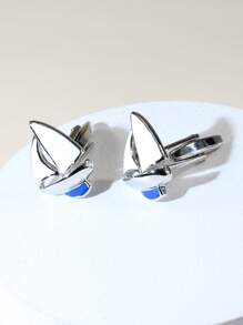1 Pair Blue & White Sailboat Enamel Cufflinks For Men - White - View 3
