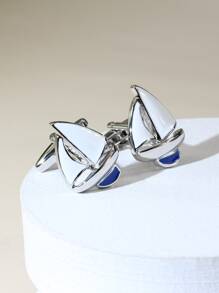 1 Pair Blue & White Sailboat Enamel Cufflinks For Men - White - View 1