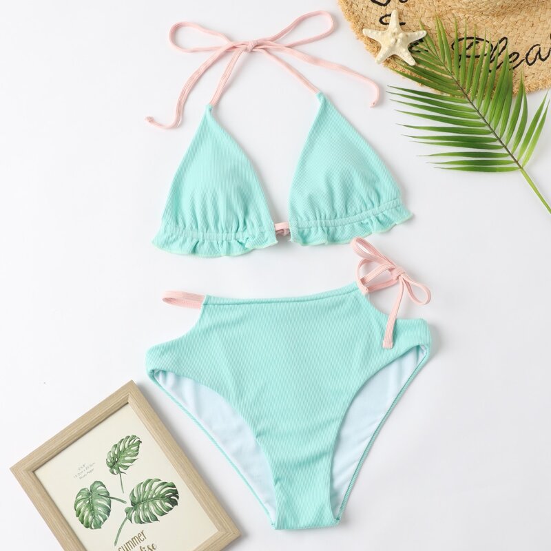 

Rib Triangle High Waisted Bikini Swimsuit, Mint green