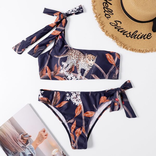 

Leopard Print One Shoulder Bikini Swimsuit, Multicolor