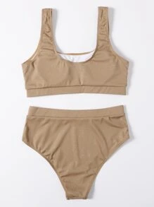 Plain Rib High Waisted Bikini, For Summer Beach Vacation - Khaki - View 2