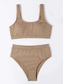 Plain Rib High Waisted Bikini, For Summer Beach Vacation - Khaki - View 3
