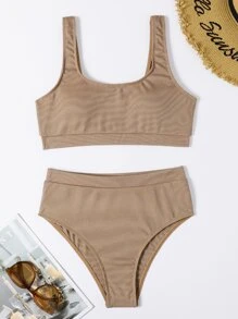 Plain Rib High Waisted Bikini, For Summer Beach Vacation - Khaki - View 4