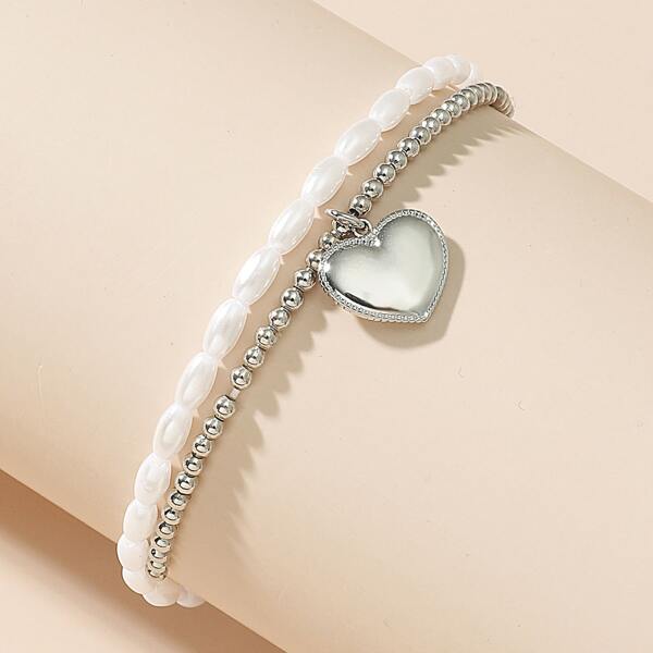 

Heart Charm Beaded Bracelet, Silver