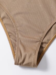 Plain Rib High Waisted Bikini, For Summer Beach Vacation - Khaki - View 5