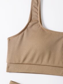 Plain Rib High Waisted Bikini, For Summer Beach Vacation - Khaki - View 6