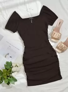 Vestido fruncido lateral cruzado delantero unicolor - Marrón Chocolate - Ver 1