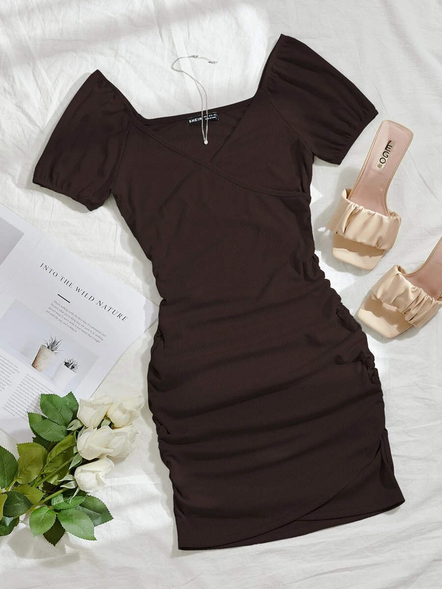 Vestido fruncido lateral cruzado delantero unicolor - Marrón Chocolate - Ver 1