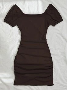 Vestido fruncido lateral cruzado delantero unicolor - Marrón Chocolate - Ver 2