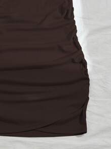 Vestido fruncido lateral cruzado delantero unicolor - Marrón Chocolate - Ver 3