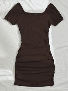 Vestido fruncido lateral cruzado delantero unicolor - Marrón Chocolate - Ver 5