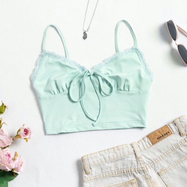 

Lace Trim Tie Front Cami Crop Top, Mint green