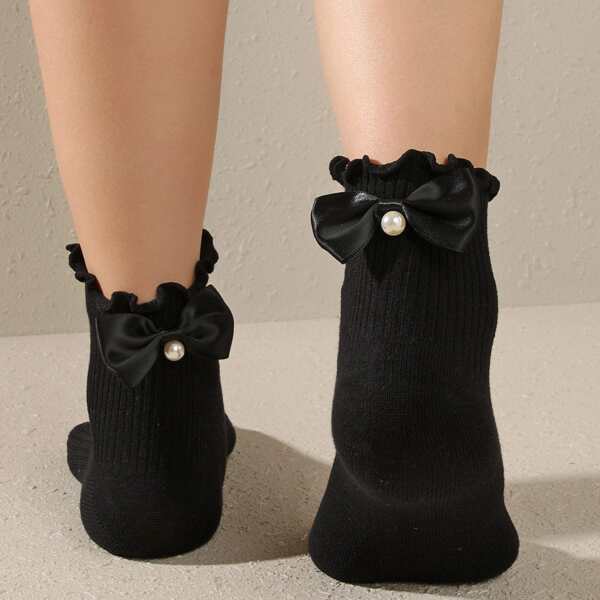 

1pair Faux Pearl & Bow Decor Socks, Black