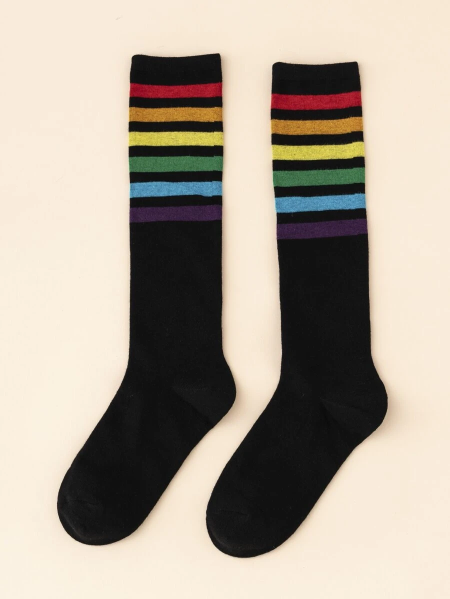 1 Par De Calcetines De Rayas Arco Iris Sobre La Pantorrilla - Negro - Ver 1