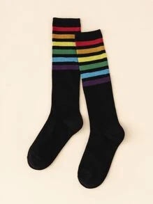 1 Par De Calcetines De Rayas Arco Iris Sobre La Pantorrilla - Negro - Ver 2