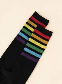 1 Par De Calcetines De Rayas Arco Iris Sobre La Pantorrilla - Negro - Ver 7