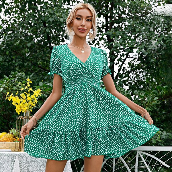 

Ditsy Floral Shirred Waist A-line Dress, Green