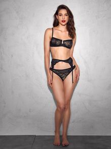 4pack Floral Lace Underwire Garter Lingerie Set - Black - View 5