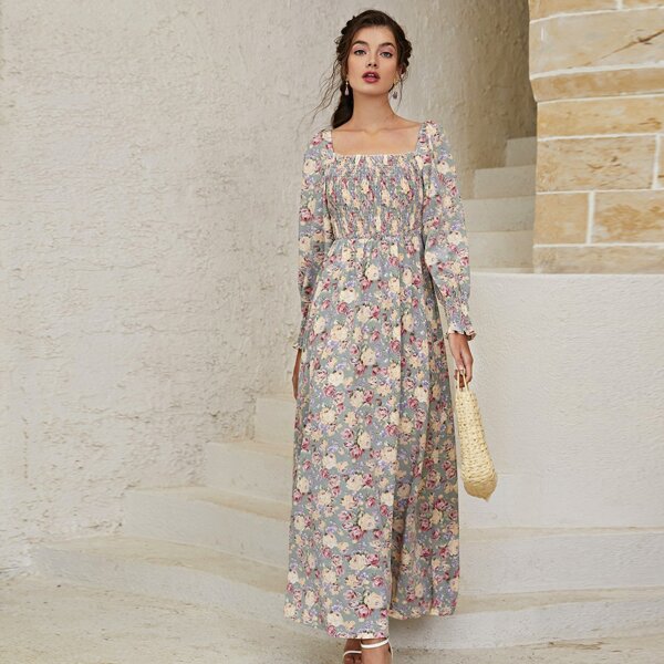 

Allover Floral Shirred A-line Dress, Multicolor