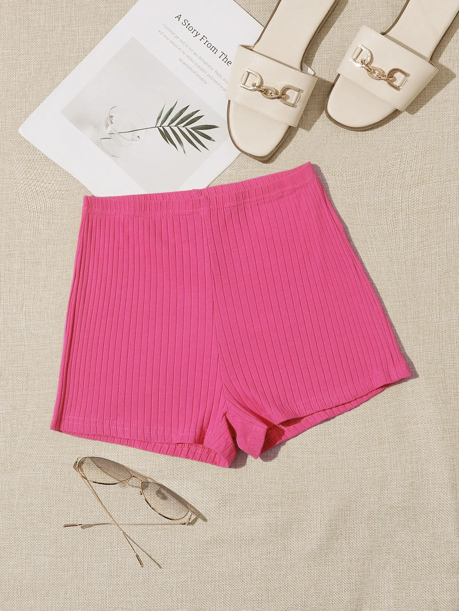 SHEIN EZwear Shorts tejido de canalé de cintura elástica - Rosa Fucsia - Ver 1