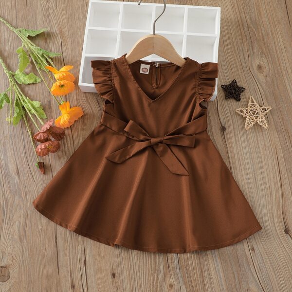 

Baby Girl Ruffle Cuff Belted Dress, Brown