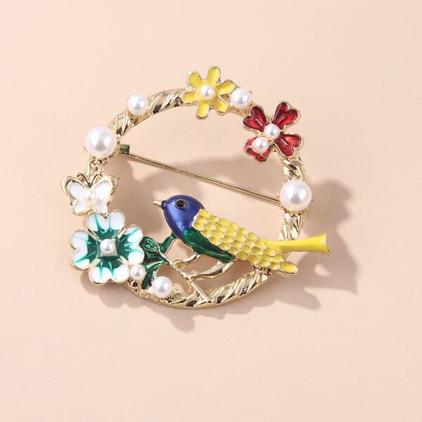 

1pc Faux Pearl & Bird Decor Brooch, Gold