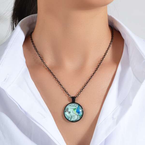 

Flower & Bird Round Pendant Necklace, Multicolor