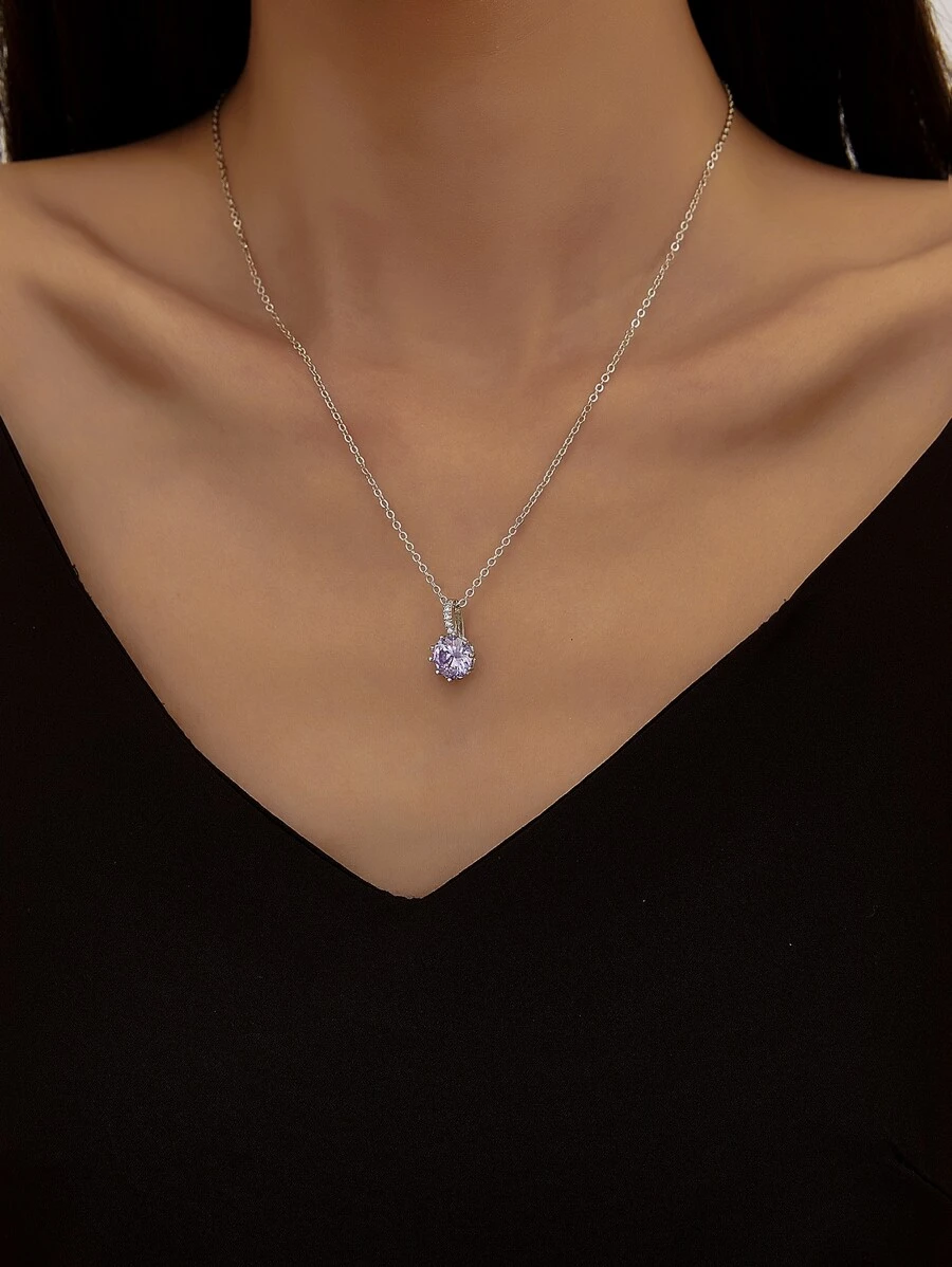 方晶鋯石吊墜項鍊 - 淡紫色 - 查看 1