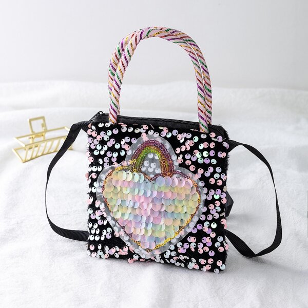 

Girls Sequins Decor Heart Pattern Satchel Bag, Black