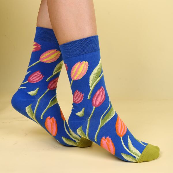 

Flower Print Crew Socks, Blue